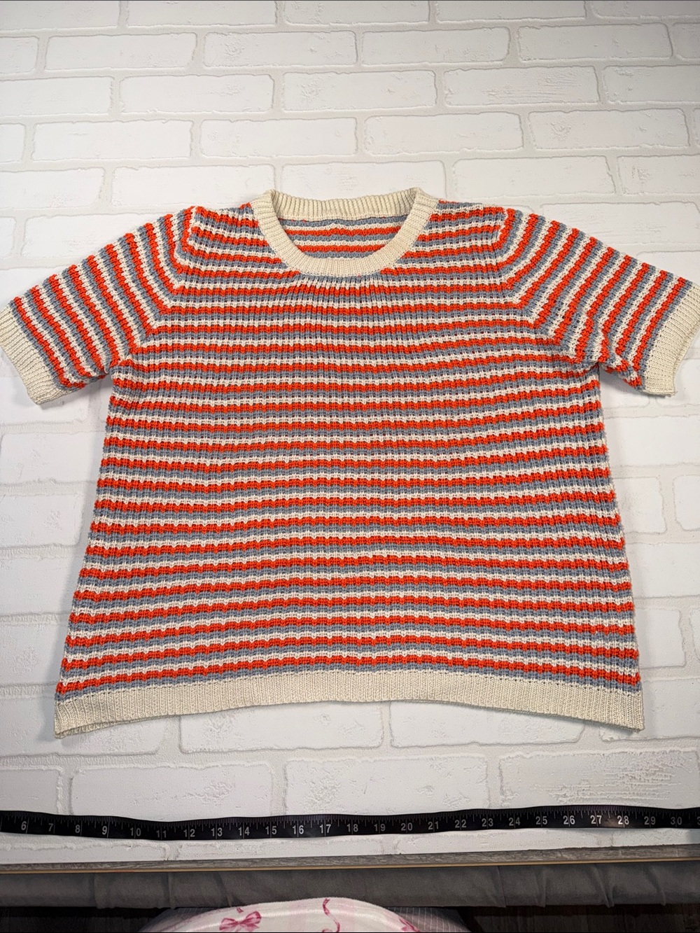Women's Short-Sleeve Striped Knit Sweater in Cream, Orange & Gray